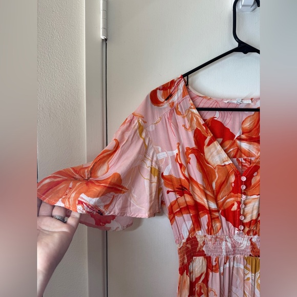 Abel the Label Flower Bomb Pink Orange Tropical Floral High Lo Maxi Dress M - Picture 3 of 14